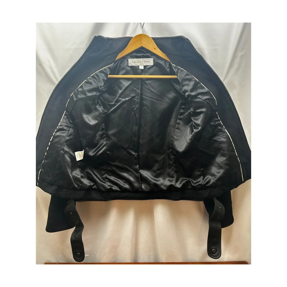 Trina Turk Wool Moto Jacket Wmn 2 Black Lamb Leather Trim Zip Dark Romantic Edge